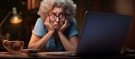 An anxious elderly woman stressing over her retirement finances sitting in front of a laptop photo