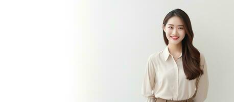 confidente joven asiático mujer de negocios en oficina atuendo sonriente aislado foto