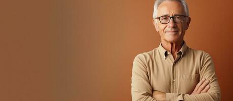 Waist up portrait of elderly man in glasses arms crossed looking at camera against beige background photo