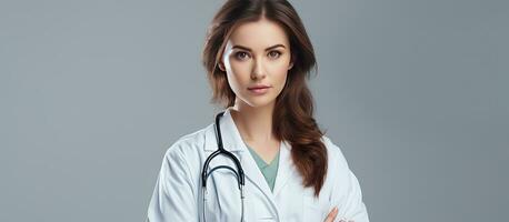 Serious female doctor in medical uniform close up light background copy space photo