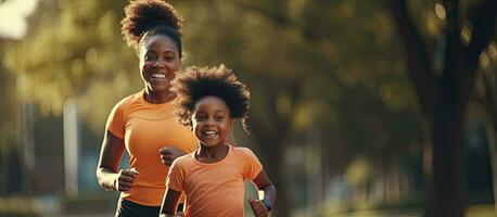 A fit African American mother and her daughter exercising in a park wearing sports attire promoting a healthy family concept with available area for te photo