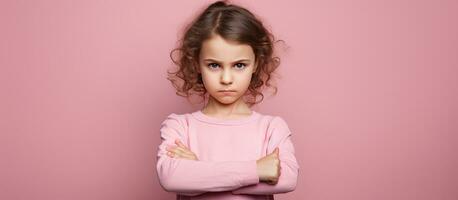 Little girl displaying non verbal refusal Pink background empty area for text Child expressing dissent denial photo