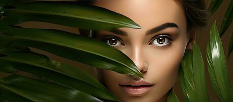 Beautiful young woman with glowing skin holds tropical leaf partly covering face Gentle makeup personal care concept photo