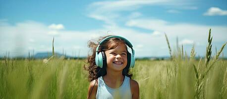 Child wearing headphones with casual summer style happy in natural surroundings space to copy photo