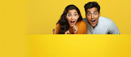 Indian couple posing behind white advertisement board showcasing empty space for your design over yellow studio background free space photo