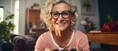 Blonde woman plays video game console at home smiling and celebrating copy space photo