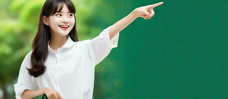 Asian student woman in white shirt holding shopping bags and pointing to copy space on green background mock up photo