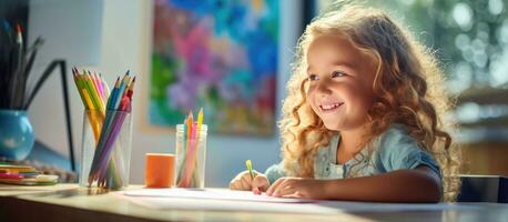 Little girl painting at home sitting at desk with colorful pencils and paint pens side view with space to copy photo