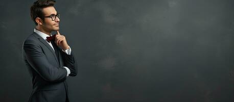 Young businessman unsurely gesturing while looking at empty area photo