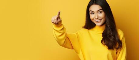 Stylish lady pointing and smiling at blank wall in studio portrait photo