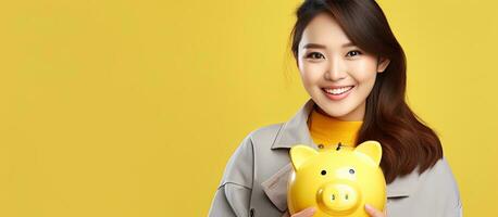 Asian Thai woman holding shopping bags and piggybank isolated on yellow background with copy space photo