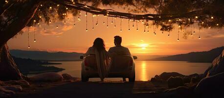Pareja disfrutando puesta de sol juntos en nuevo coche maletero foto