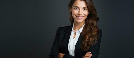 Studio portrait of a smiling businesswoman with folded arms against a plain background photo