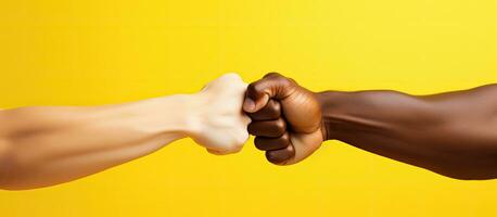 Close up of young people bumping fists on a yellow background symbolizing interracial friendship and unity space for text photo