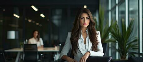 Woman working in modern office with empty area photo