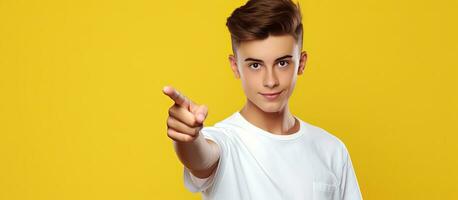 Teen shows empty space for promo idea poses on yellow background photo