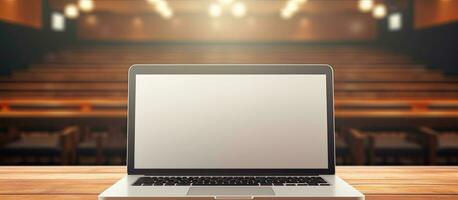 Blank white laptop screen on teacher s desk in school auditorium copy space photo