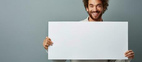 Cheerful man holding blank poster isolated on gray background photo