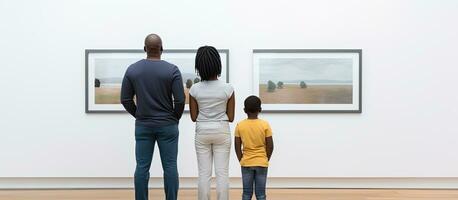 African American family observing paintings in modern art gallery minimal back view photo