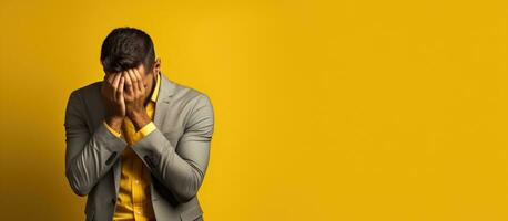 Full length photo of a man standing alone on a yellow background