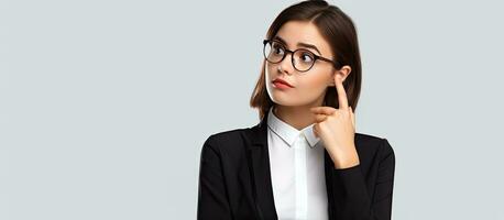 Focused businesswoman in suit looking thoughtful with a finger pointing at her head contemplating with a blank white space for text photo