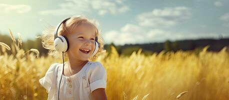 Child wearing headphones with casual summer style happy in natural surroundings space to copy photo