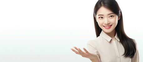 Asian woman displaying an open hand prompt with room for product on white backdrop photo