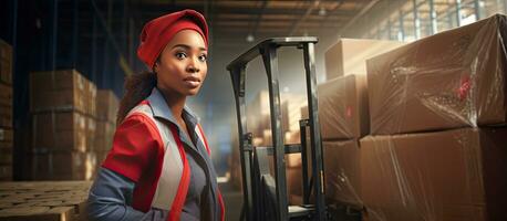 African woman using a forklift in a textile warehouse photo