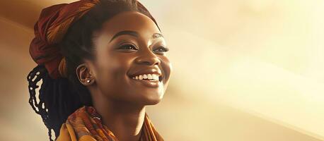 Smiling African woman looking away at blank area in picture photo