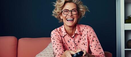 Blonde woman plays video game at home happily smiling and celebrating the win using a joystick controller photo