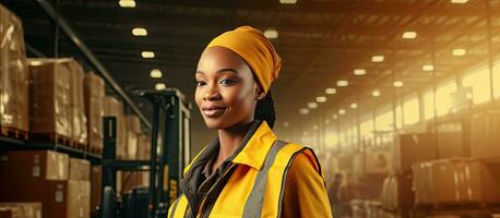 African woman using a forklift in a textile warehouse photo