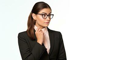 Focused businesswoman in suit looking thoughtful with a finger pointing at her head contemplating with a blank white space for text photo