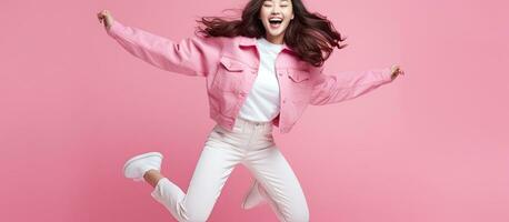 Asian woman happily jumping and smiling while turning her head back on pink background photo