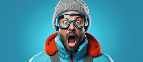 Adult man wearing winter jacket and ski goggles with a puzzled face expression standing against blue background with copy space Male snowboarder promot photo