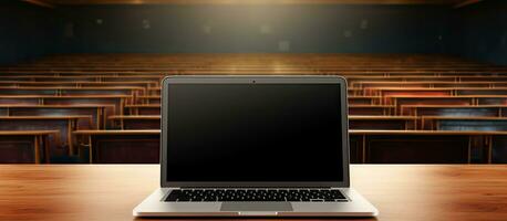 Blank white laptop screen on teacher s desk in school auditorium copy space photo