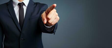 Man with sign ready for copy space Blank board showcased by man in suit photo