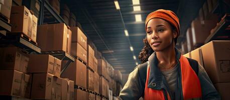 African woman using a forklift in a textile warehouse photo