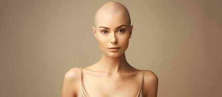 Confident bald woman posing waist up minimal background alopecia and cancer awareness photo