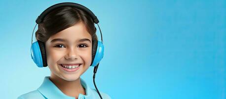 Cheerful girl with copy space showing as help desk service isolated on blue background photo