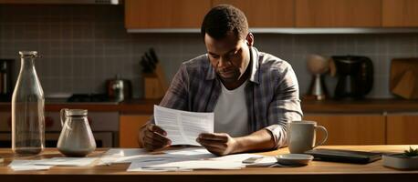 negro medio Envejecido hombre frustrado terminado financiero crisis gerente gastos con ordenador portátil y calculadora en cocina foto