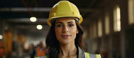 Successful female engineer in helmet and safety vest standing at construction site looking at camera with copy space photo