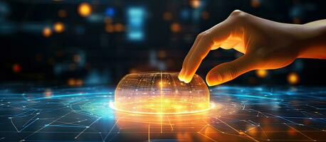 Background with hand touching circular diagram on virtual screen showing technology innovation network big data and internet photo