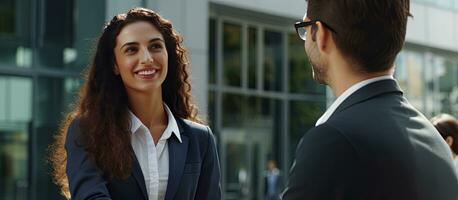 Manager outside office shaking hands with new employee after interview both smiling photo