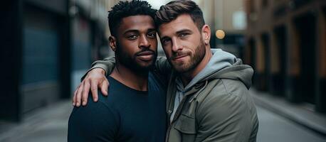 Two male friends hugging outside in the city space for text photo