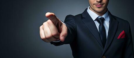 Man with sign ready for copy space Blank board showcased by man in suit photo