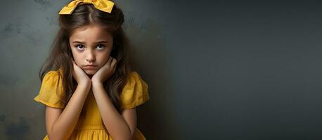 Unhappy young girl in yellow dress hands by face against gray backdrop photo