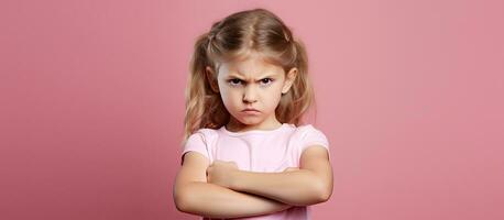 Little girl displaying non verbal refusal Pink background empty area for text Child expressing dissent denial photo