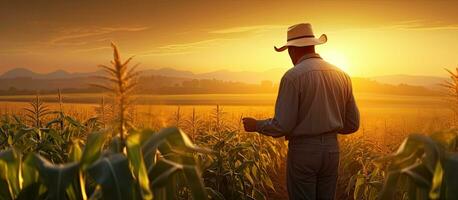 granjero inspeccionando maíz campo a puesta de sol con vacío zona foto