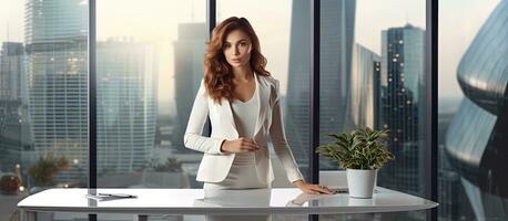 Woman working in modern office with empty area photo