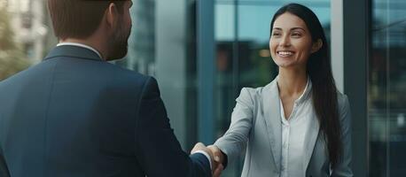 Manager outside office shaking hands with new employee after interview both smiling photo